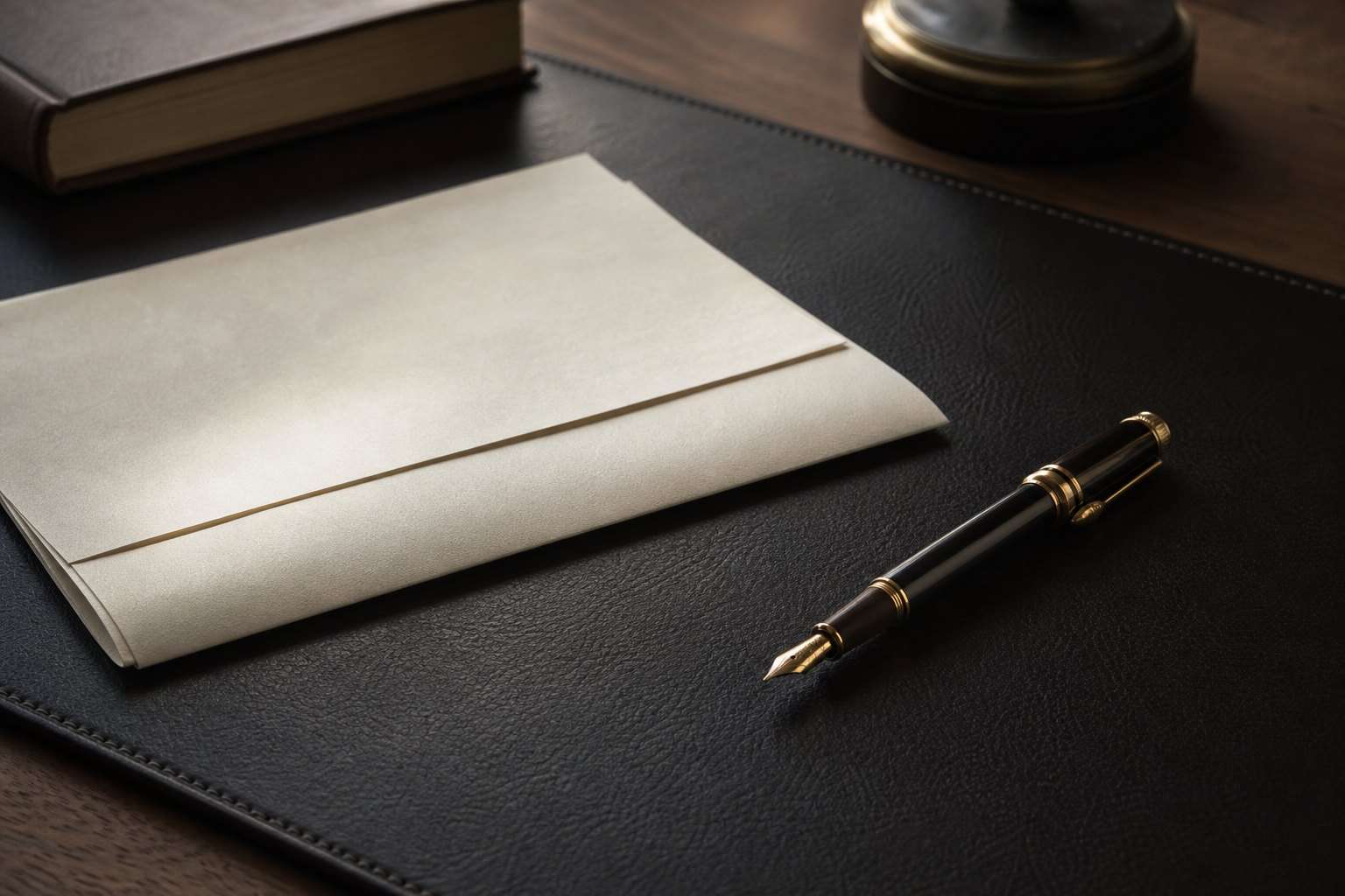 A folded document and a fountain pen on a leather desk pad